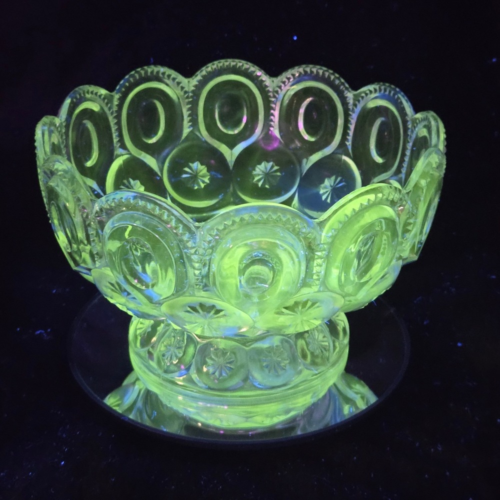 Antique Adams EAPG Palace Moon & Star 8.5" Manganese Glow‎ Pedestal Bowl UV